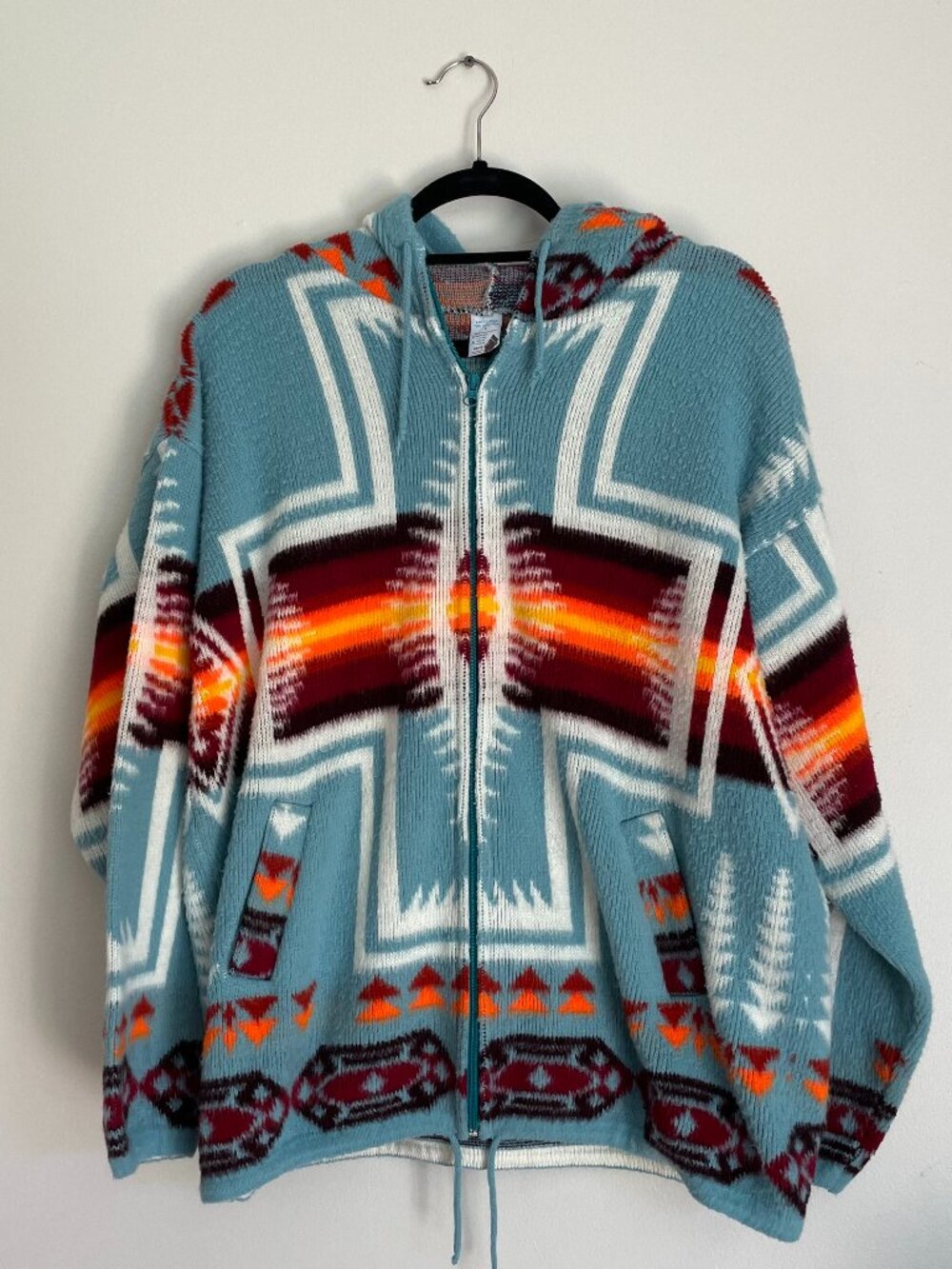 Vintage Artesanias Tuntaquimba Teal Wool Hooded Sweater, Size L